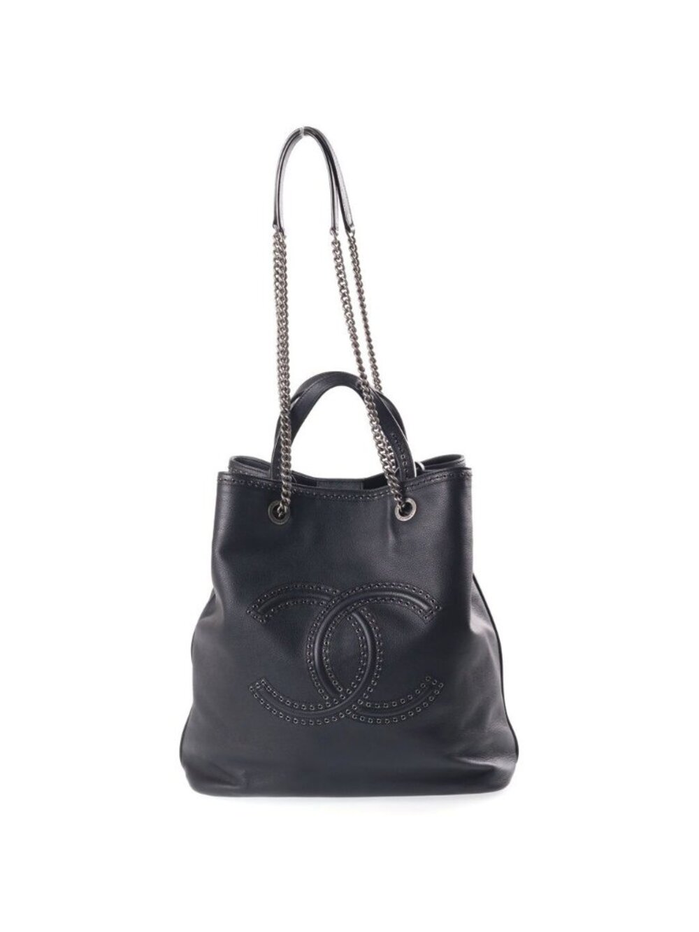 Chanel Cava Chain Tote Bag Black Caviar Leather Silver